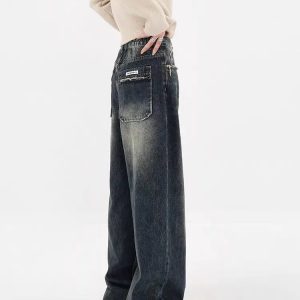 Y2K Grunge Style Distressed Wide Leg Jeans with Pockets for Trendy Looks