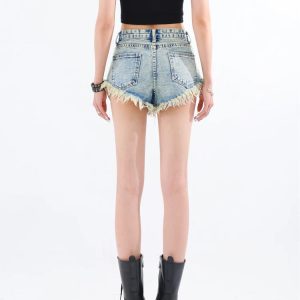 Y2K Grunge Tasseled Denim Shorts for Coquette and Emo Aesthetic Styles