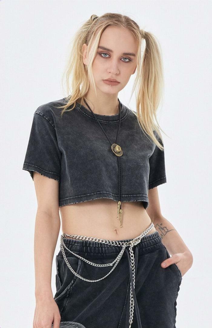 Y2K Grunge Washed Crop Top - Emo Aesthetic Oversized Tee for Coquette Style