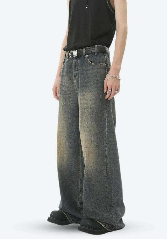 Y2K Grunge Wide Leg Denim Jeans for Coquette and Emo Aesthetic Styles