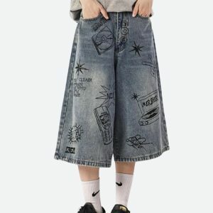 Y2K Grunge Wide Leg Denim Shorts - Oversized Aesthetic for Emo & Coquette Styles