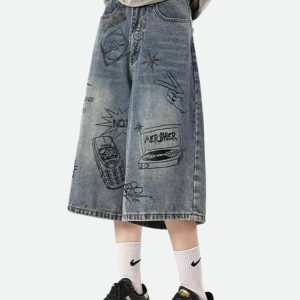 Y2K Grunge Wide Leg Denim Shorts - Oversized Aesthetic for Emo & Coquette Styles