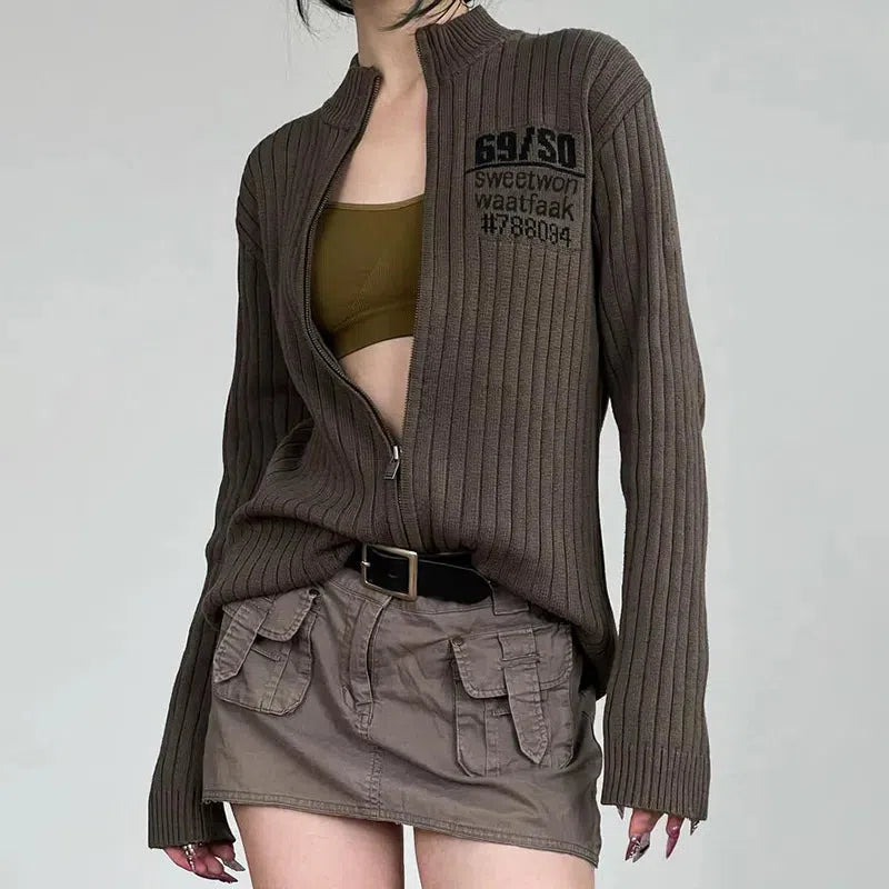 Y2K Grunge Zip-Up Cardigan Jacket - Oversized Coquette Aesthetic Wear