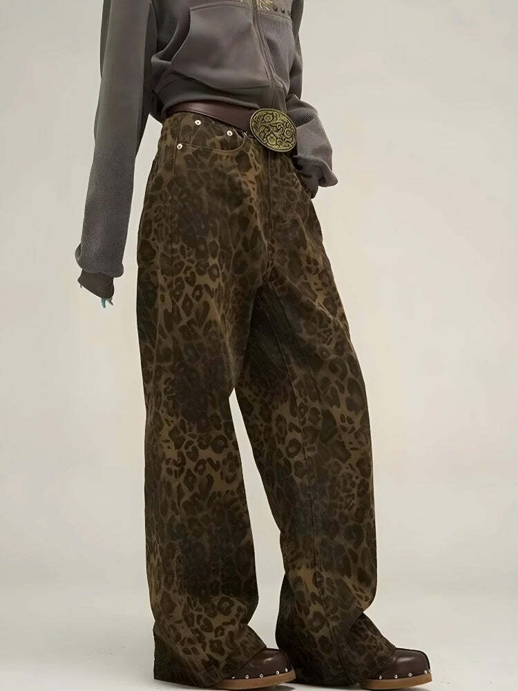 Y2K Leopard Print Straight Leg Pants for Grunge and Coquette Aesthetic