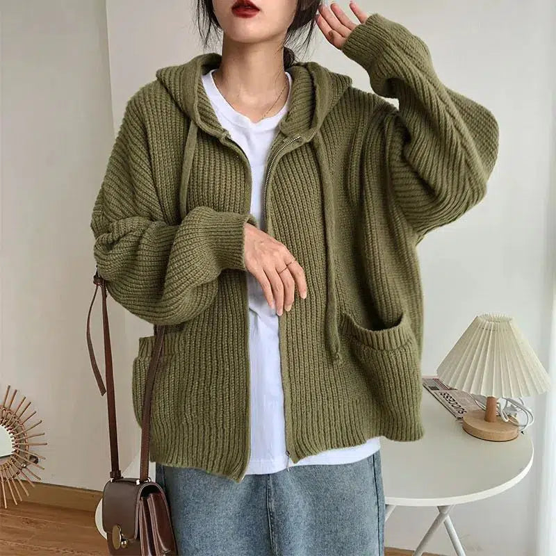 Y2K Oversized Knitted Hoodie Cardigan - Coquette & Grunge Aesthetic