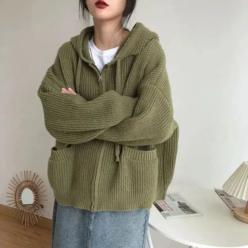 Y2K Oversized Knitted Hoodie Cardigan - Coquette & Grunge Aesthetic