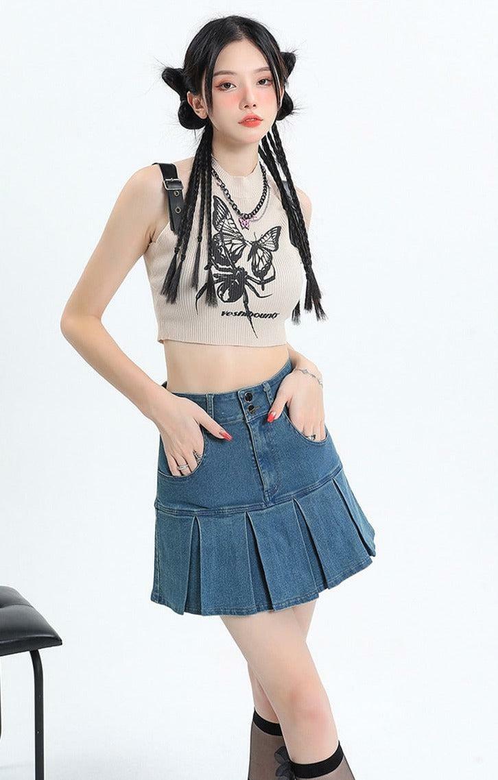 Y2K Pleated Jean Mini Skort - Grunge Aesthetic Coquette Style Skirt