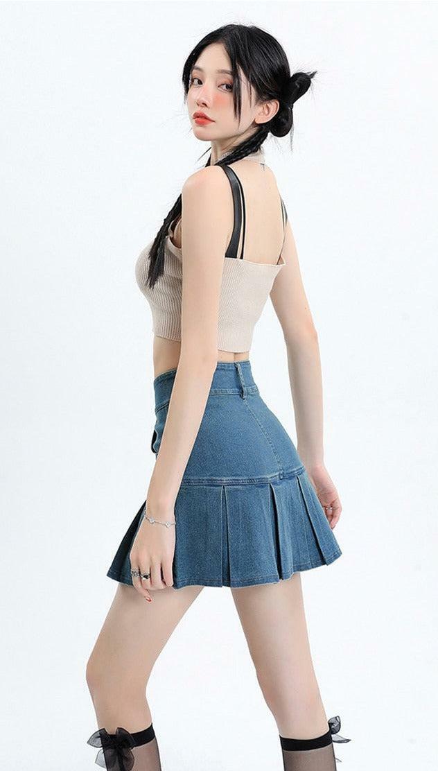 Y2K Pleated Jean Mini Skort - Grunge Aesthetic Coquette Style Skirt