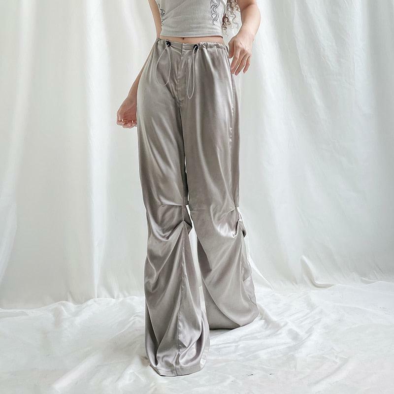 Y2K Satin Wide Leg Pants for Coquette, Grunge, and Emo Aesthetic Styles