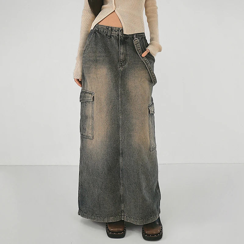 Y2K Side Strap Cargo Maxi Skirt - Grunge Aesthetic Coquette Style