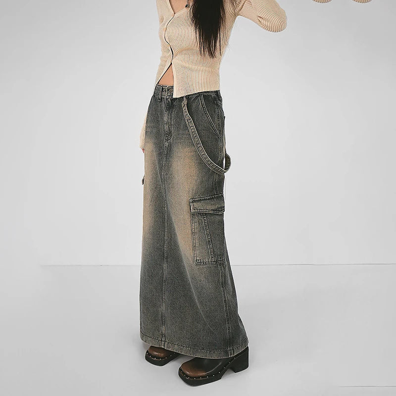 Y2K Side Strap Cargo Maxi Skirt - Grunge Aesthetic Coquette Style