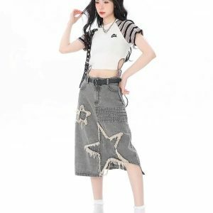 Y2K Star Patchwork Midi Skirt - Grunge Aesthetic Coquette Style Fashion