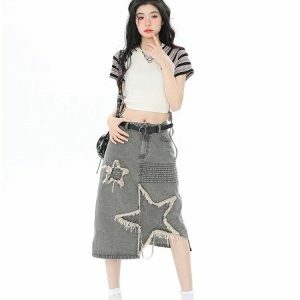 Y2K Star Patchwork Midi Skirt - Grunge Aesthetic Coquette Style Fashion