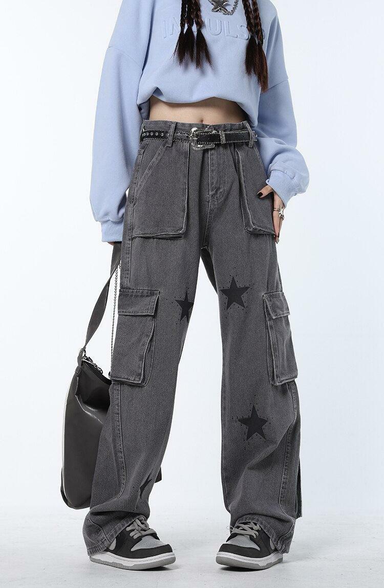 Y2K Star Printed Cargo Pants for Grunge and Coquette Aesthetic Styles