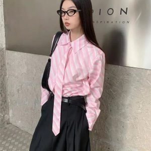 Y2K Striped Button-Up Shirt with Matching Tie for Coquette Aesthetic