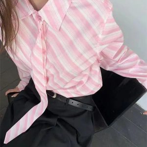 Y2K Striped Button-Up Shirt with Matching Tie for Coquette Aesthetic