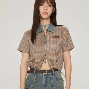 Y2K Vintage Plaid Crop Shirt - Coquette Aesthetic & Grunge Style Top