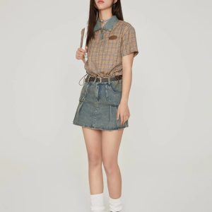 Y2K Vintage Plaid Crop Shirt - Coquette Aesthetic & Grunge Style Top